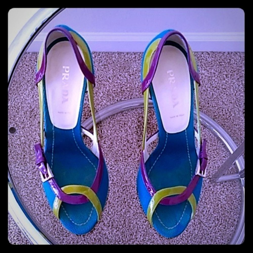 PRADA Canvas/Patent Leather Summer Open Toe Pumps